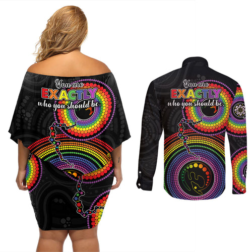 australia-lgbt-couples-matching-off-shoulder-short-dress-and-long-sleeve-button-shirts-you-are-exactly-who-you-should-be-aboriginal-style