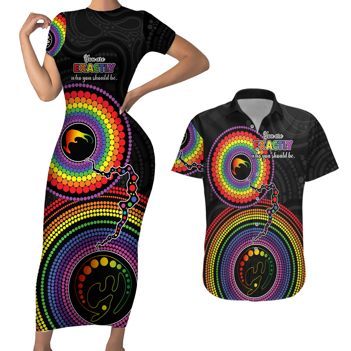 australia-lgbt-couples-matching-short-sleeve-bodycon-dress-and-hawaiian-shirt-you-are-exactly-who-you-should-be-aboriginal-style