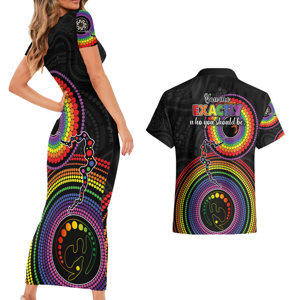 australia-lgbt-couples-matching-short-sleeve-bodycon-dress-and-hawaiian-shirt-you-are-exactly-who-you-should-be-aboriginal-style