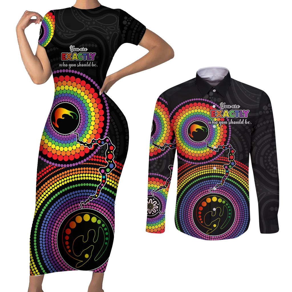 australia-lgbt-couples-matching-short-sleeve-bodycon-dress-and-long-sleeve-button-shirts-you-are-exactly-who-you-should-be-aboriginal-style