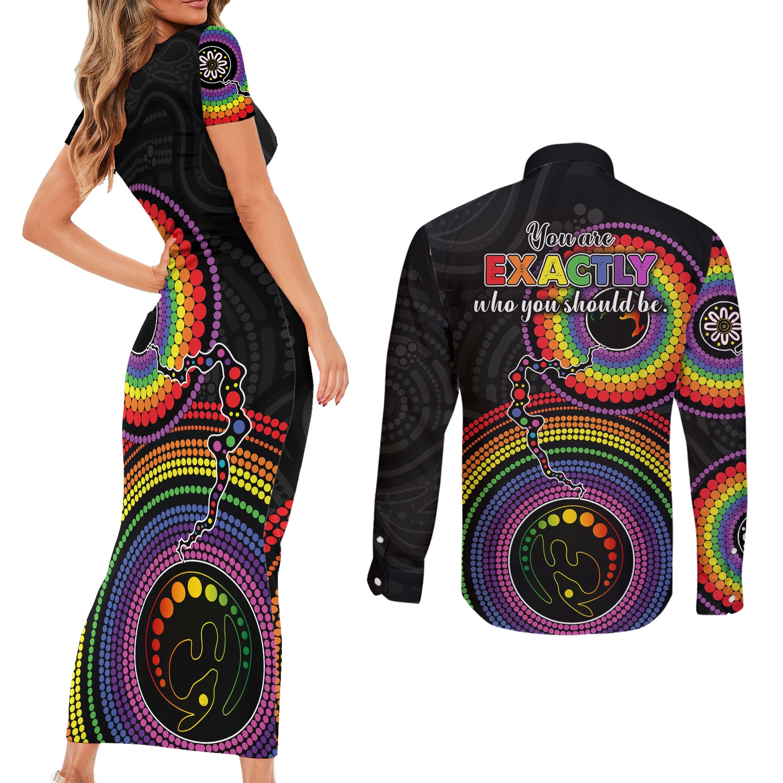 australia-lgbt-couples-matching-short-sleeve-bodycon-dress-and-long-sleeve-button-shirts-you-are-exactly-who-you-should-be-aboriginal-style