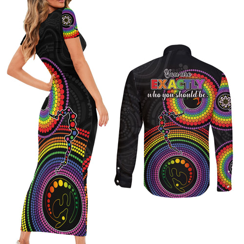 australia-lgbt-couples-matching-short-sleeve-bodycon-dress-and-long-sleeve-button-shirts-you-are-exactly-who-you-should-be-aboriginal-style