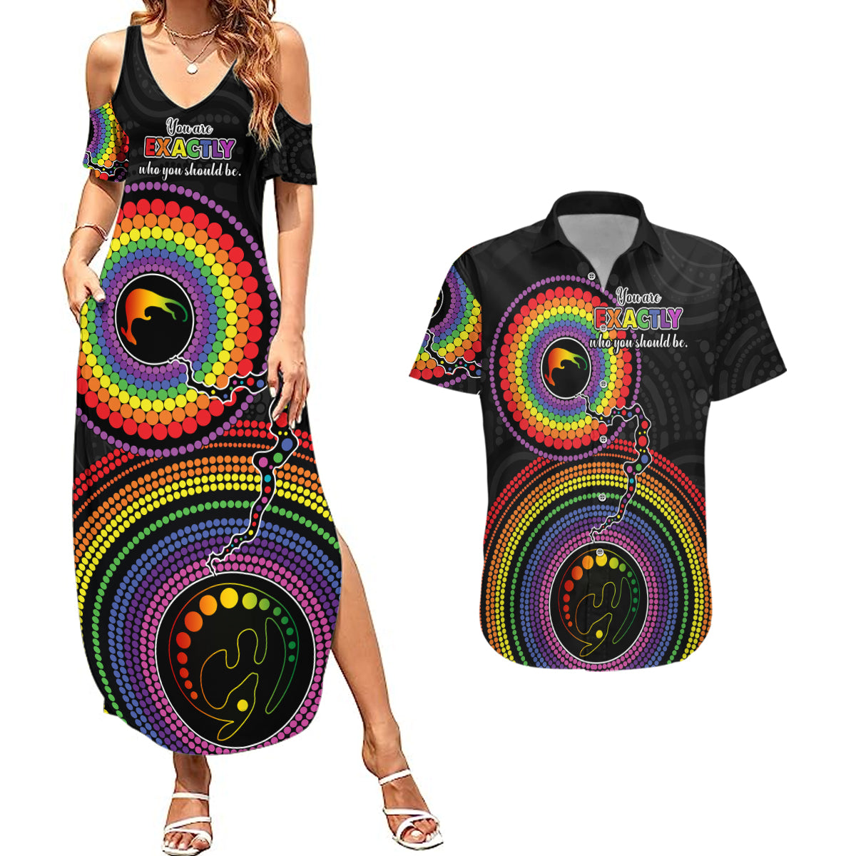 australia-lgbt-couples-matching-summer-maxi-dress-and-hawaiian-shirt-you-are-exactly-who-you-should-be-aboriginal-style
