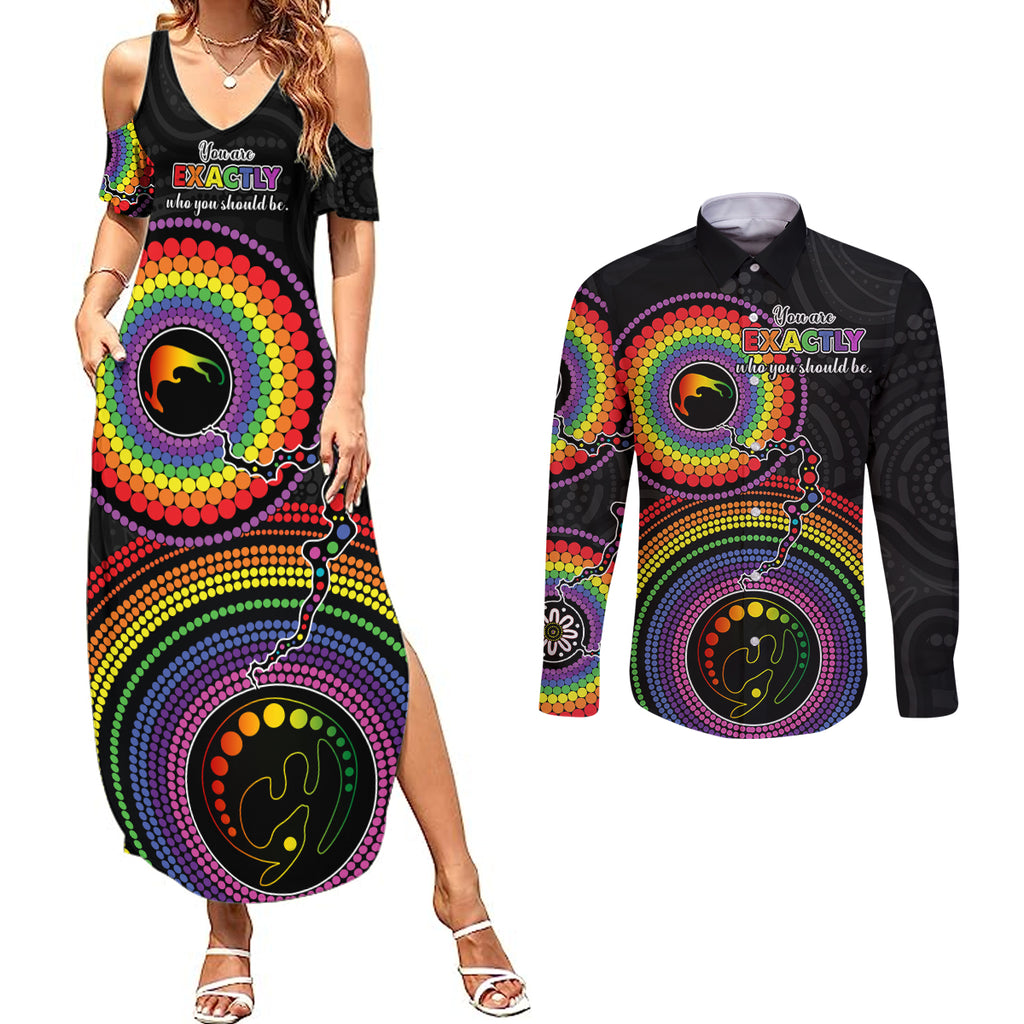 australia-lgbt-couples-matching-summer-maxi-dress-and-long-sleeve-button-shirts-you-are-exactly-who-you-should-be-aboriginal-style