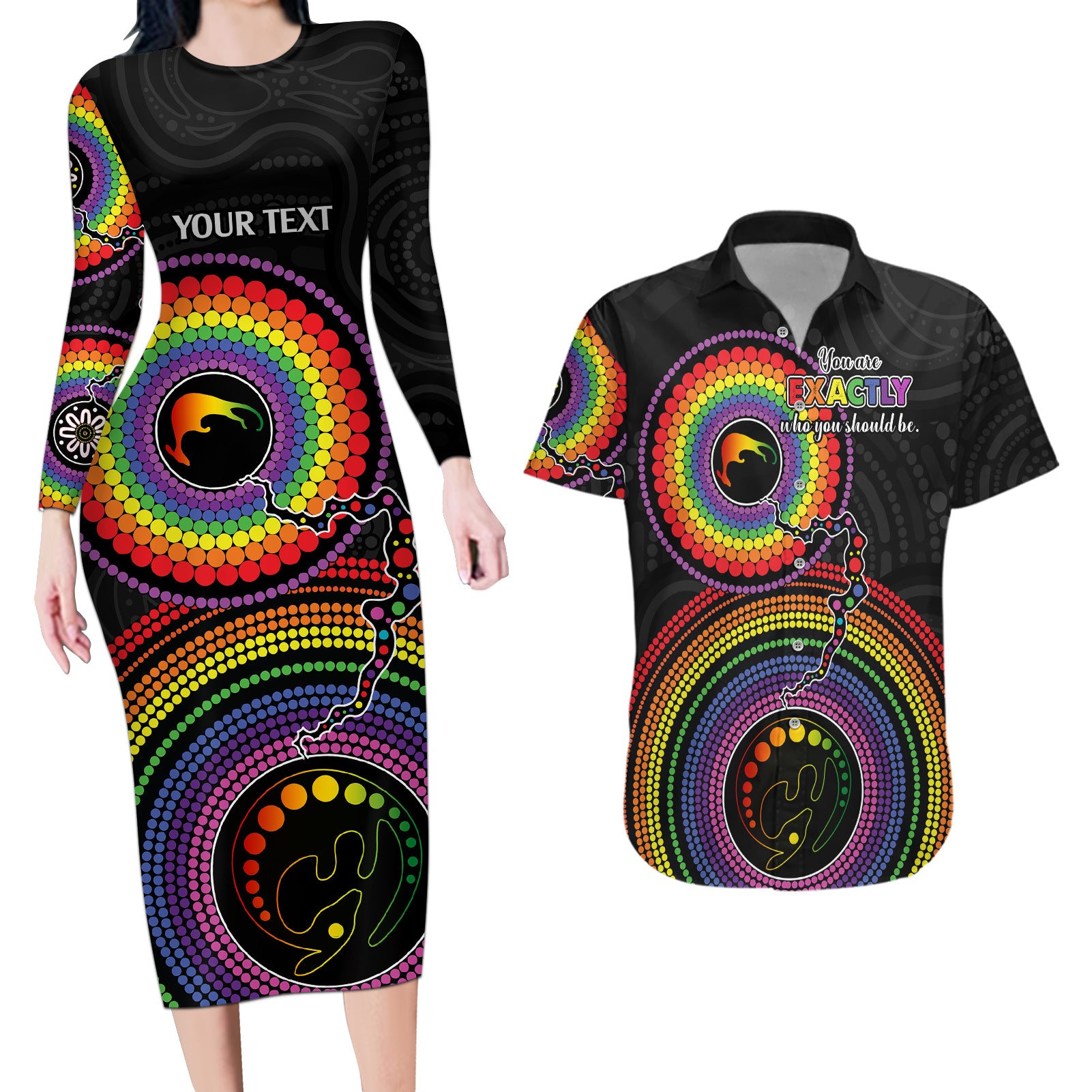 personalised-australia-lgbt-couples-matching-long-sleeve-bodycon-dress-and-hawaiian-shirt-you-are-exactly-who-you-should-be-aboriginal-style