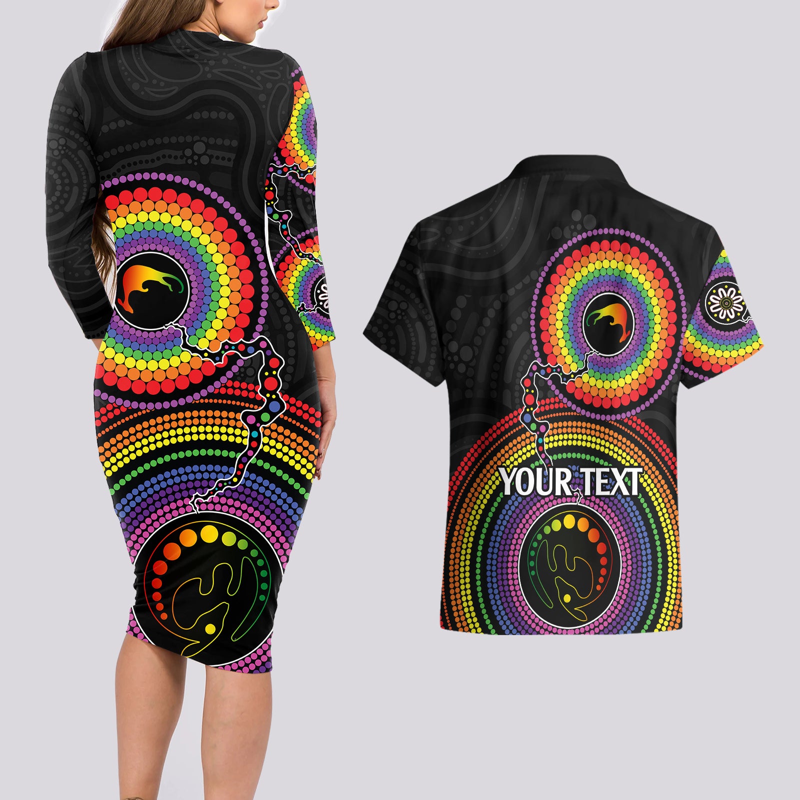 personalised-australia-lgbt-couples-matching-long-sleeve-bodycon-dress-and-hawaiian-shirt-you-are-exactly-who-you-should-be-aboriginal-style
