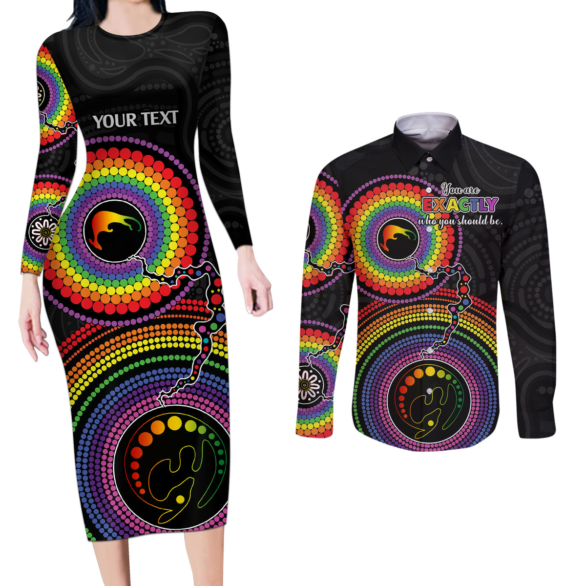 personalised-australia-lgbt-couples-matching-long-sleeve-bodycon-dress-and-long-sleeve-button-shirts-you-are-exactly-who-you-should-be-aboriginal-style