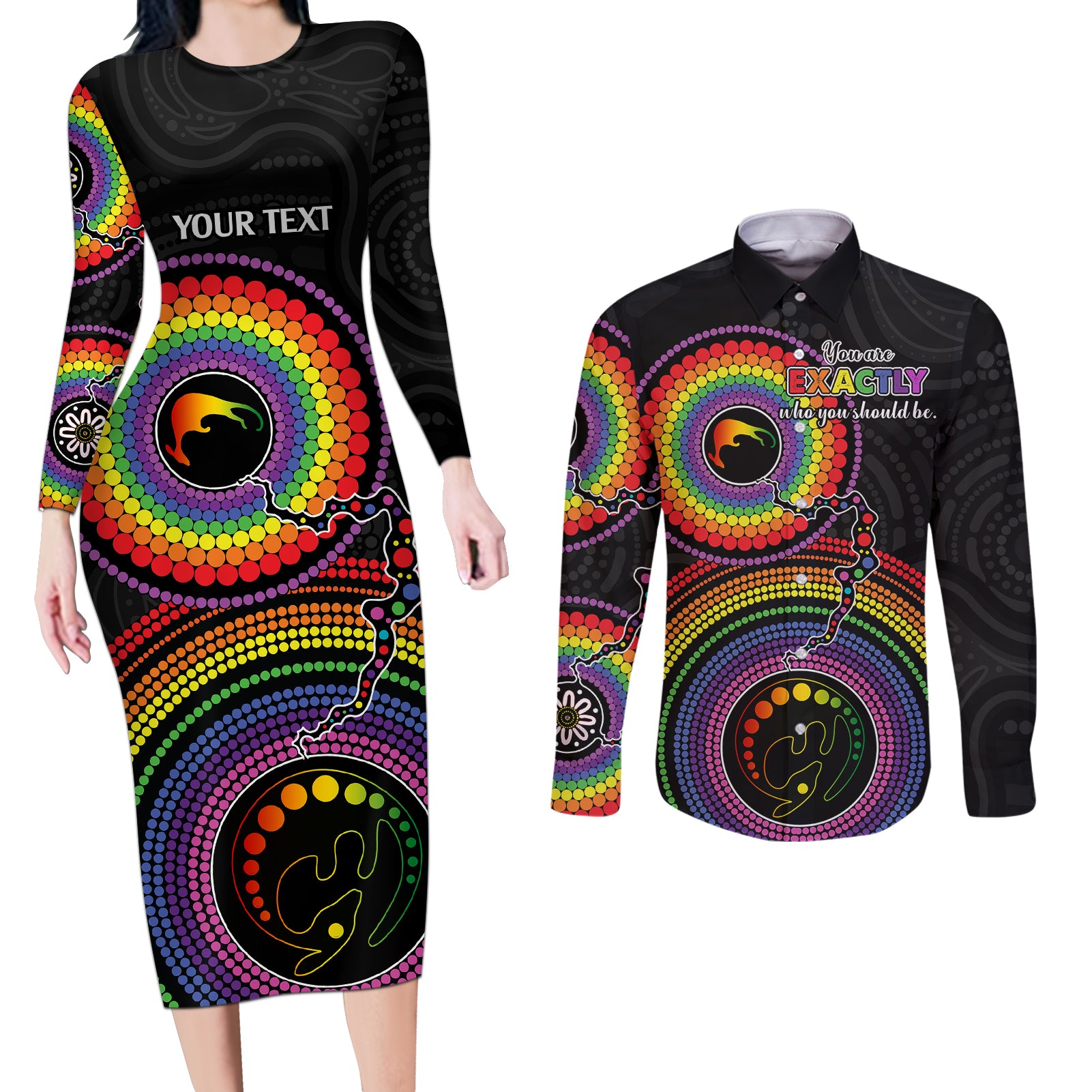 personalised-australia-lgbt-couples-matching-long-sleeve-bodycon-dress-and-long-sleeve-button-shirts-you-are-exactly-who-you-should-be-aboriginal-style