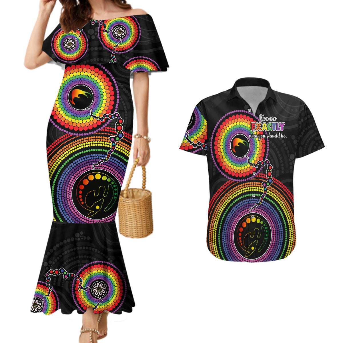 personalised-australia-lgbt-couples-matching-mermaid-dress-and-hawaiian-shirt-you-are-exactly-who-you-should-be-aboriginal-style