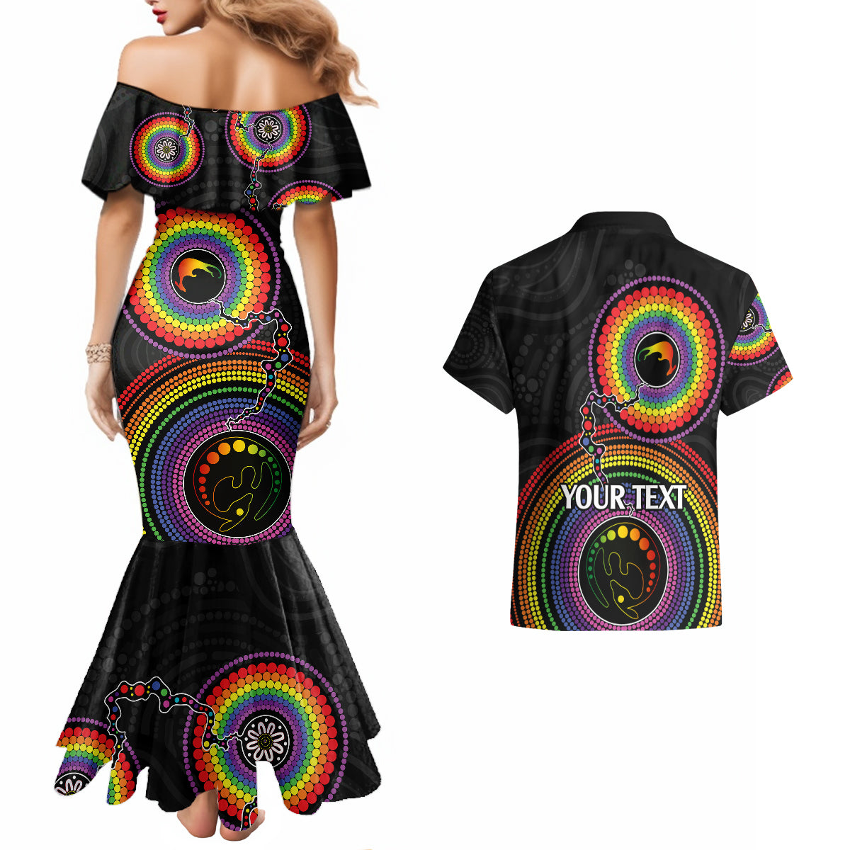 personalised-australia-lgbt-couples-matching-mermaid-dress-and-hawaiian-shirt-you-are-exactly-who-you-should-be-aboriginal-style
