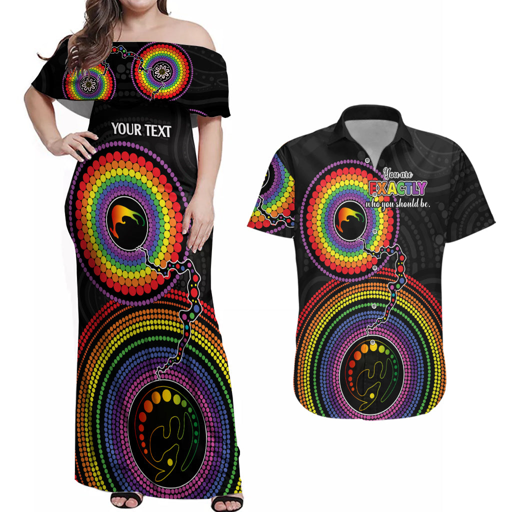 personalised-australia-lgbt-couples-matching-off-shoulder-maxi-dress-and-hawaiian-shirt-you-are-exactly-who-you-should-be-aboriginal-style
