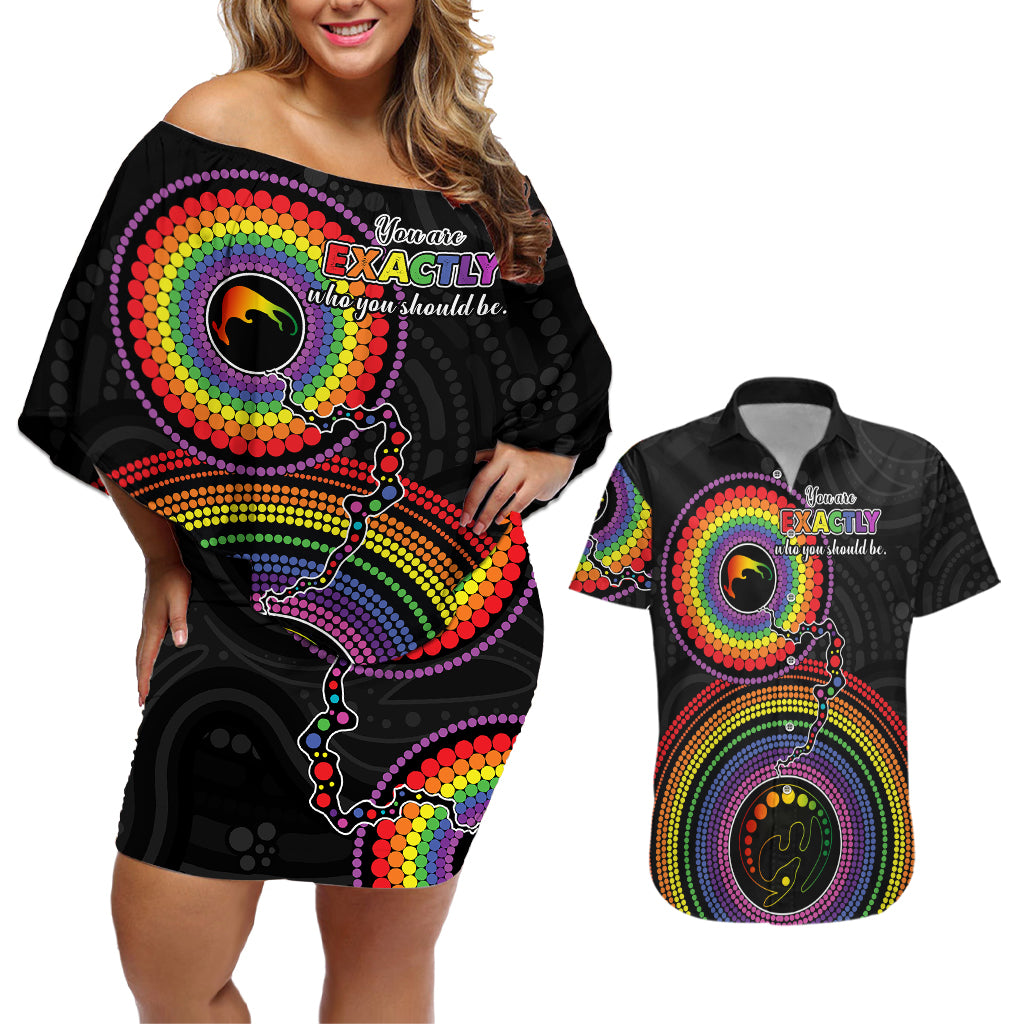 personalised-australia-lgbt-couples-matching-off-shoulder-short-dress-and-hawaiian-shirt-you-are-exactly-who-you-should-be-aboriginal-style