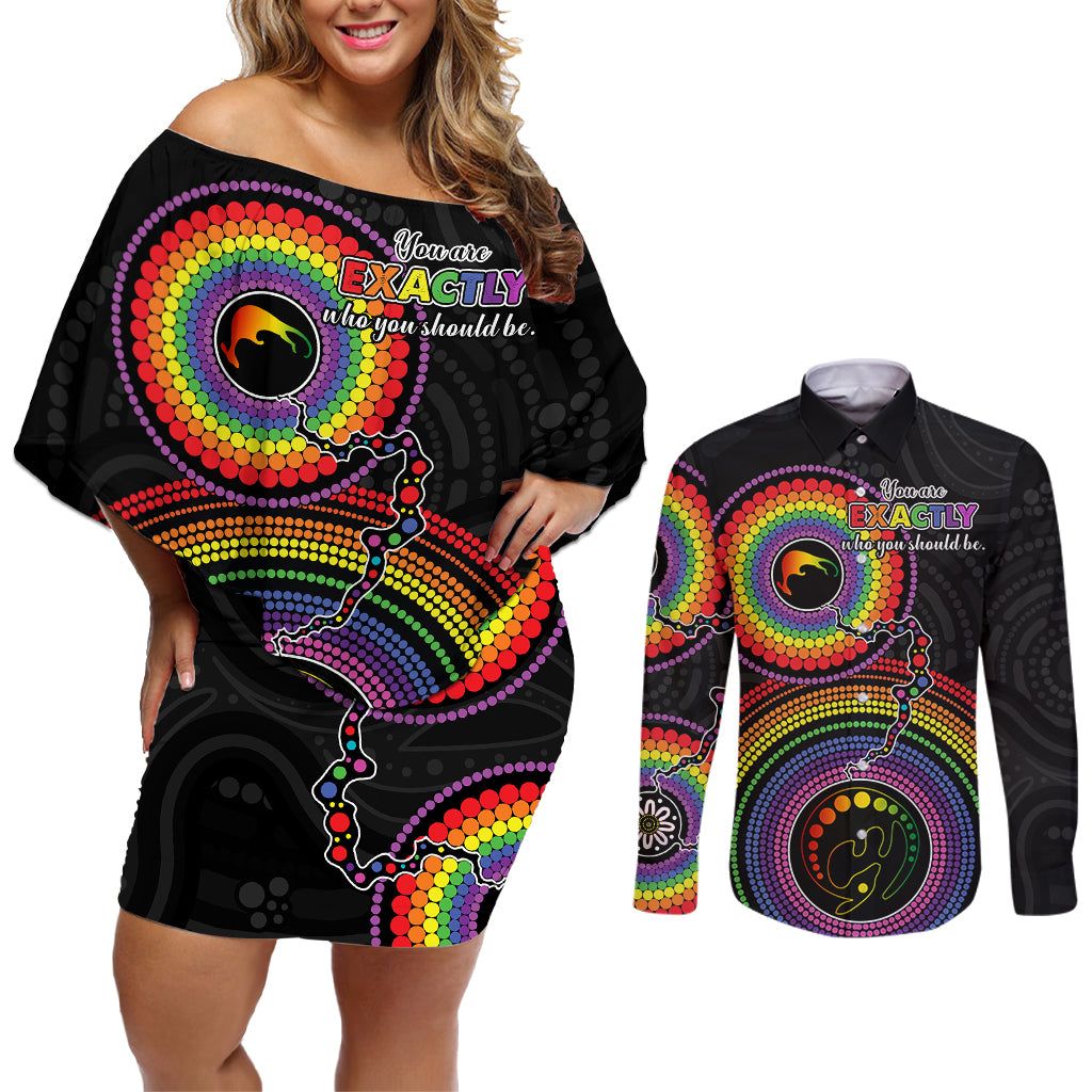 personalised-australia-lgbt-couples-matching-off-shoulder-short-dress-and-long-sleeve-button-shirts-you-are-exactly-who-you-should-be-aboriginal-style
