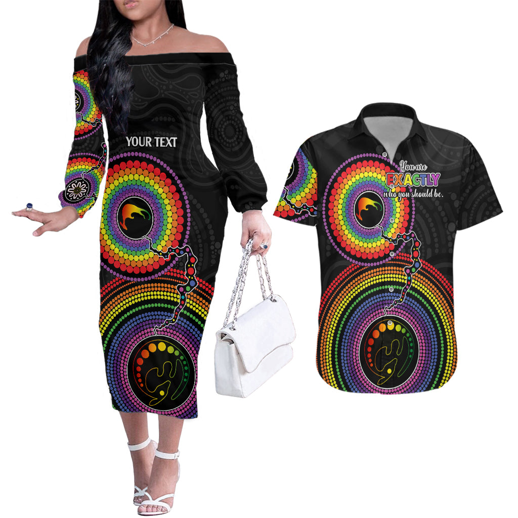 personalised-australia-lgbt-couples-matching-off-the-shoulder-long-sleeve-dress-and-hawaiian-shirt-you-are-exactly-who-you-should-be-aboriginal-style