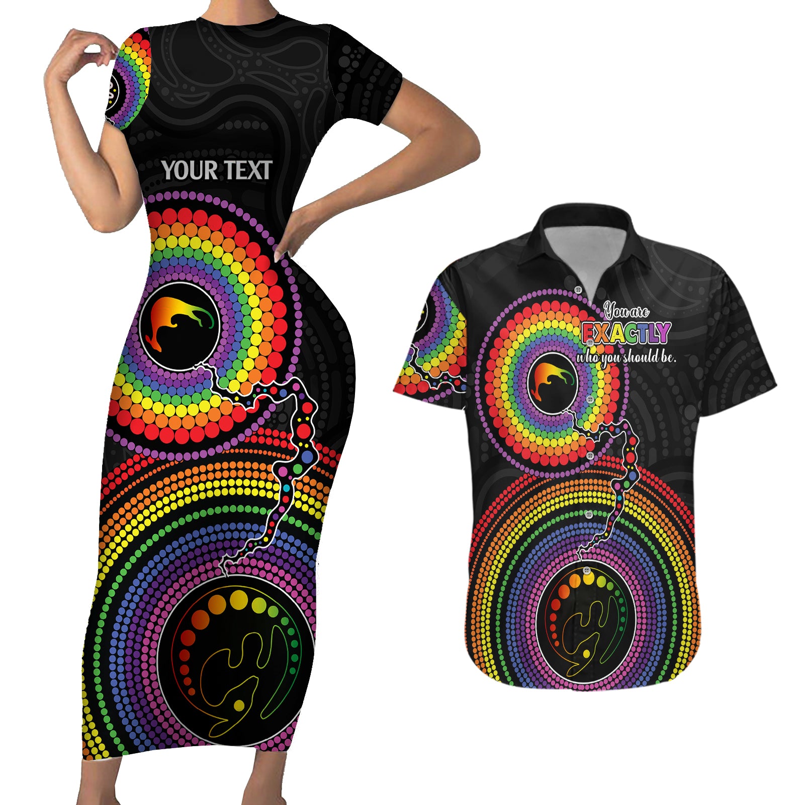 personalised-australia-lgbt-couples-matching-short-sleeve-bodycon-dress-and-hawaiian-shirt-you-are-exactly-who-you-should-be-aboriginal-style