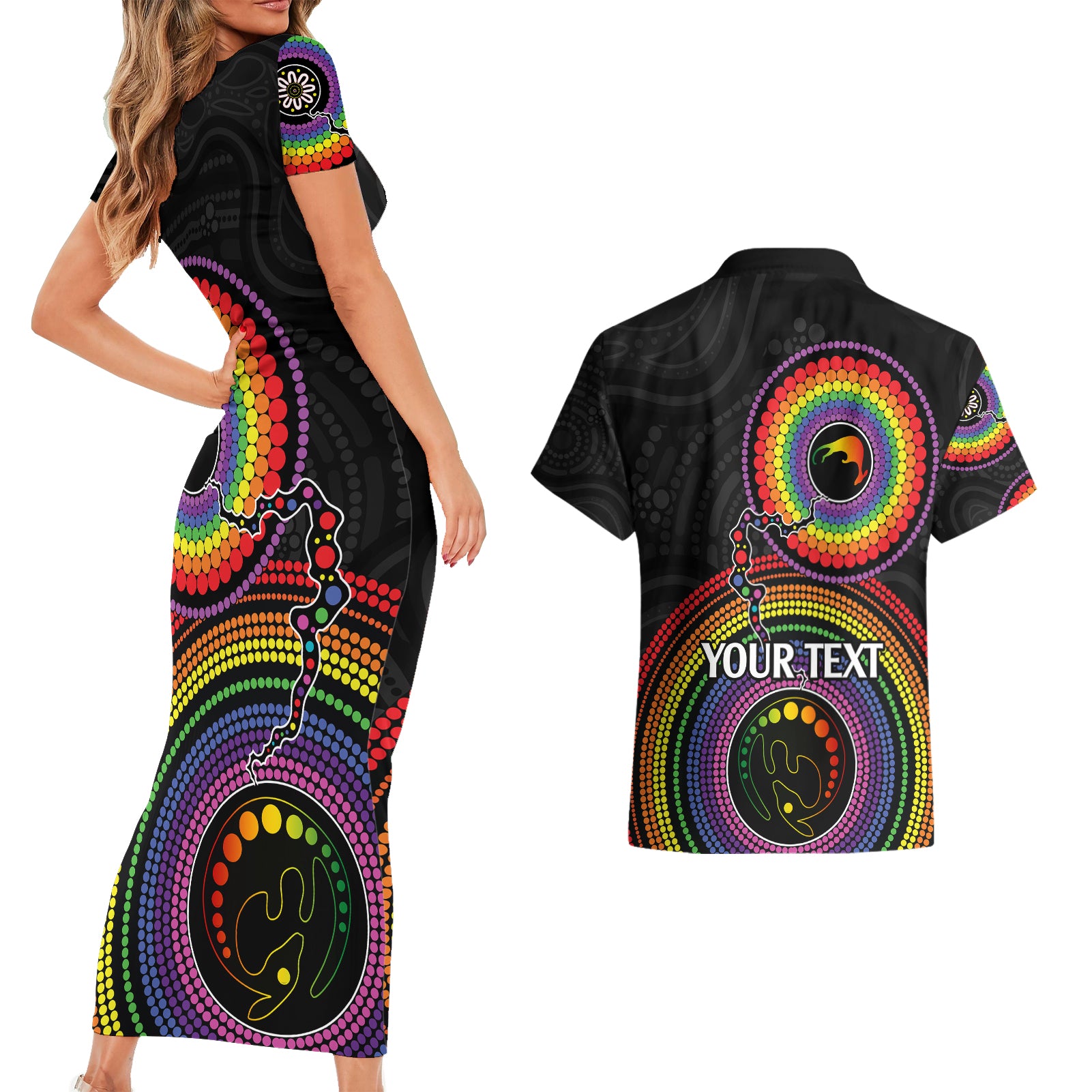personalised-australia-lgbt-couples-matching-short-sleeve-bodycon-dress-and-hawaiian-shirt-you-are-exactly-who-you-should-be-aboriginal-style