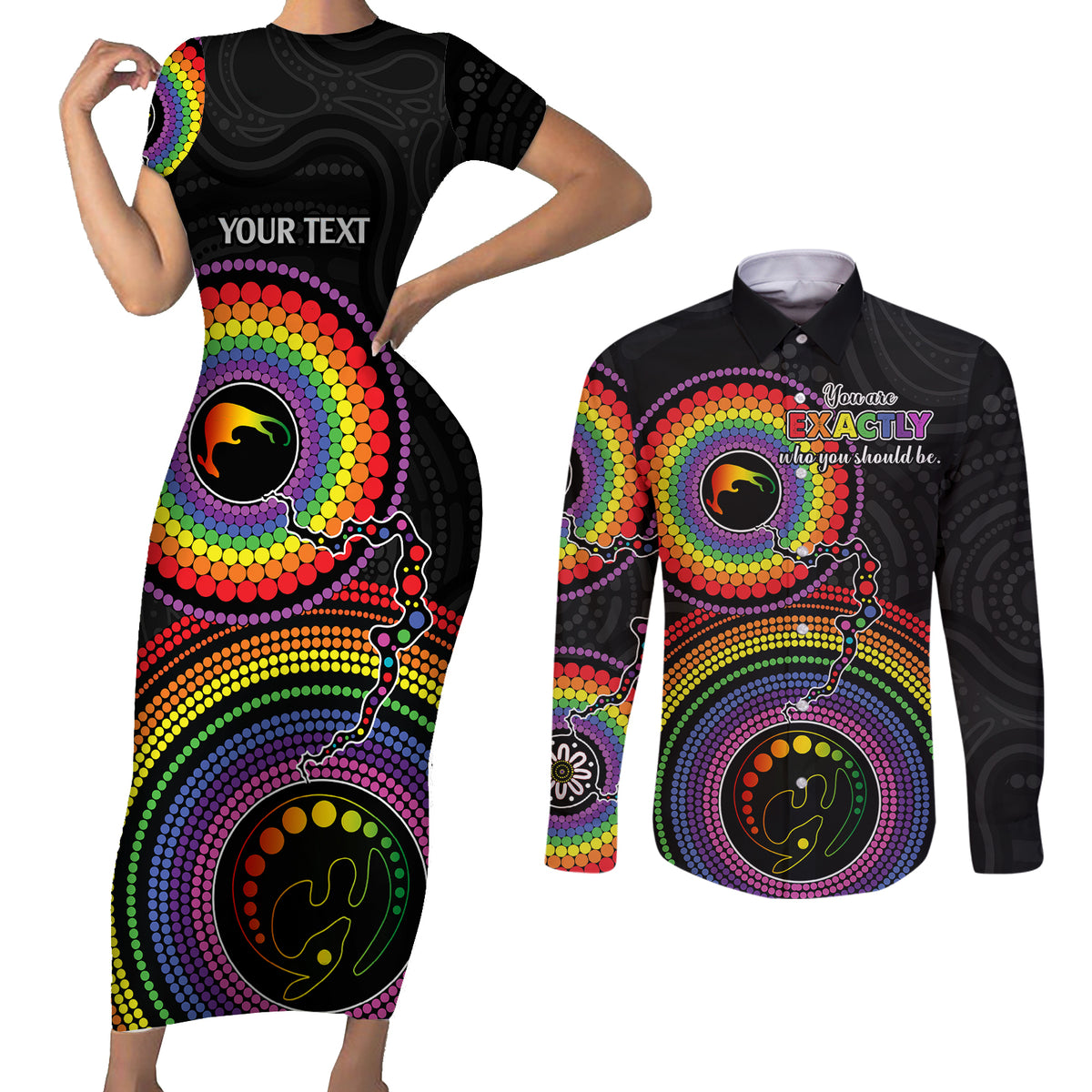 personalised-australia-lgbt-couples-matching-short-sleeve-bodycon-dress-and-long-sleeve-button-shirts-you-are-exactly-who-you-should-be-aboriginal-style