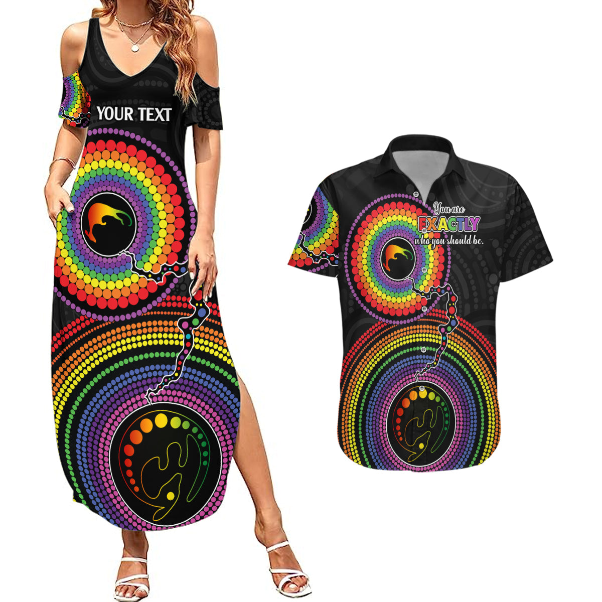 personalised-australia-lgbt-couples-matching-summer-maxi-dress-and-hawaiian-shirt-you-are-exactly-who-you-should-be-aboriginal-style