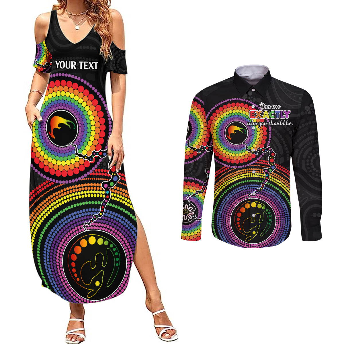 personalised-australia-lgbt-couples-matching-summer-maxi-dress-and-long-sleeve-button-shirts-you-are-exactly-who-you-should-be-aboriginal-style