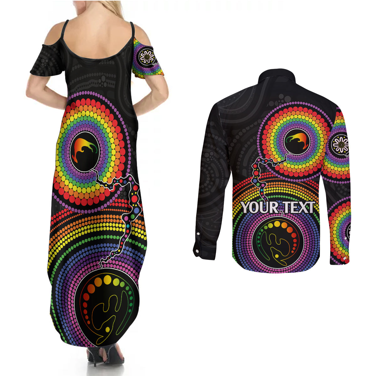 personalised-australia-lgbt-couples-matching-summer-maxi-dress-and-long-sleeve-button-shirts-you-are-exactly-who-you-should-be-aboriginal-style