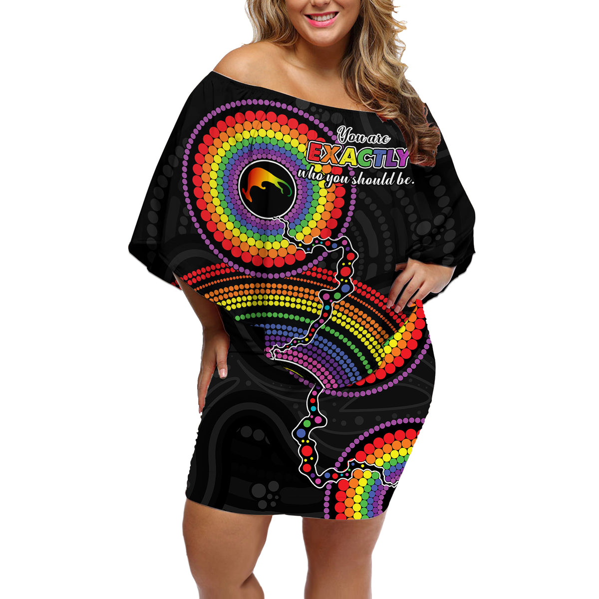 personalised-australia-lgbt-off-shoulder-short-dress-you-are-exactly-who-you-should-be-aboriginal-style