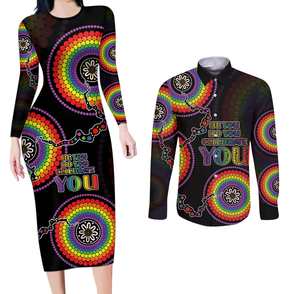 australia-lgbt-couples-matching-long-sleeve-bodycon-dress-and-long-sleeve-button-shirts-be-you-do-you-celebrate-you-aboriginal-style