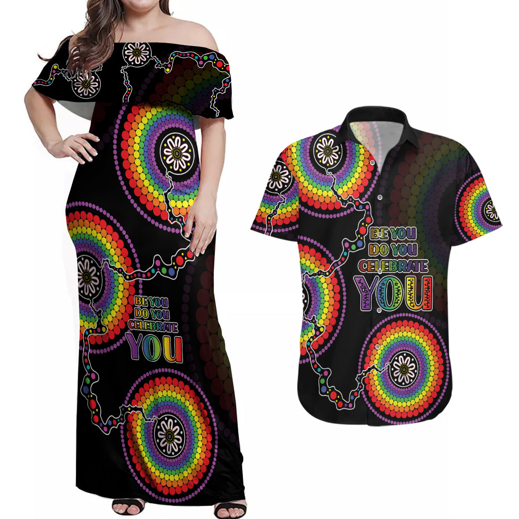 australia-lgbt-couples-matching-off-shoulder-maxi-dress-and-hawaiian-shirt-be-you-do-you-celebrate-you-aboriginal-style
