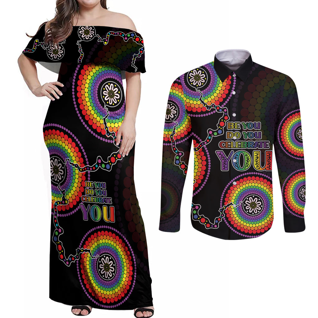 australia-lgbt-couples-matching-off-shoulder-maxi-dress-and-long-sleeve-button-shirts-be-you-do-you-celebrate-you-aboriginal-style