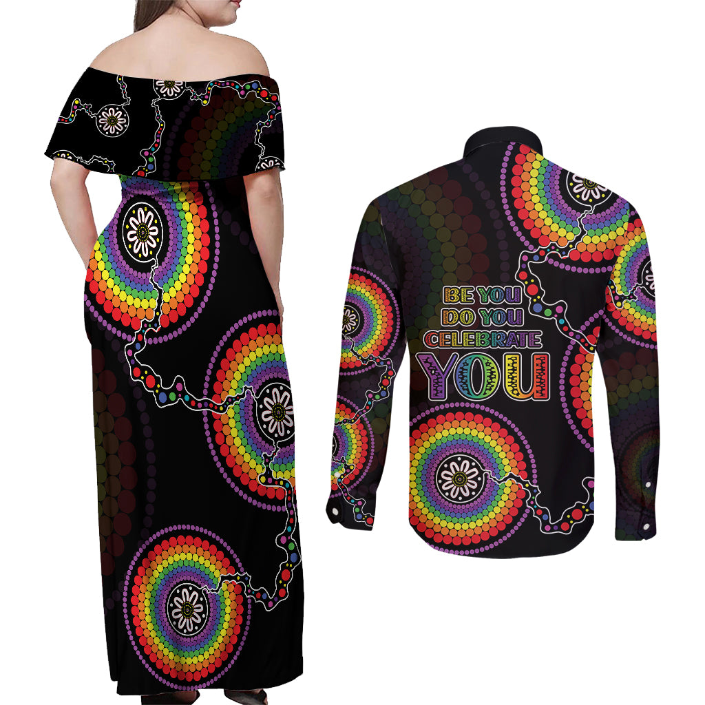 australia-lgbt-couples-matching-off-shoulder-maxi-dress-and-long-sleeve-button-shirts-be-you-do-you-celebrate-you-aboriginal-style