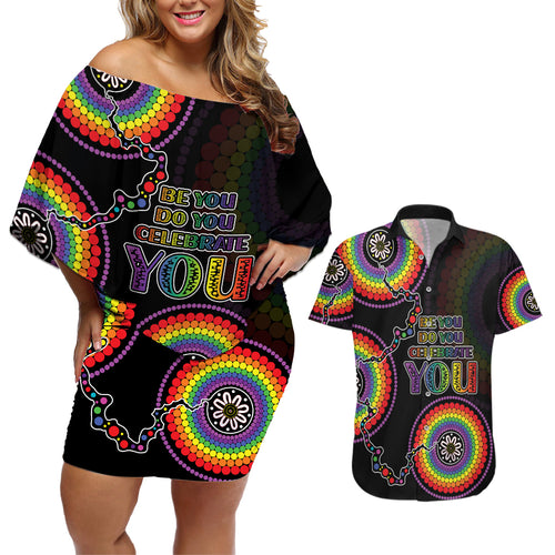 australia-lgbt-couples-matching-off-shoulder-short-dress-and-hawaiian-shirt-be-you-do-you-celebrate-you-aboriginal-style