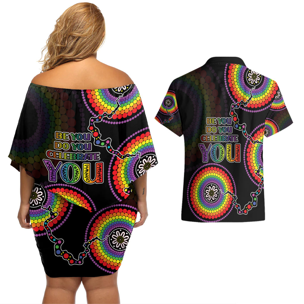 australia-lgbt-couples-matching-off-shoulder-short-dress-and-hawaiian-shirt-be-you-do-you-celebrate-you-aboriginal-style