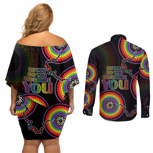 australia-lgbt-couples-matching-off-shoulder-short-dress-and-long-sleeve-button-shirts-be-you-do-you-celebrate-you-aboriginal-style