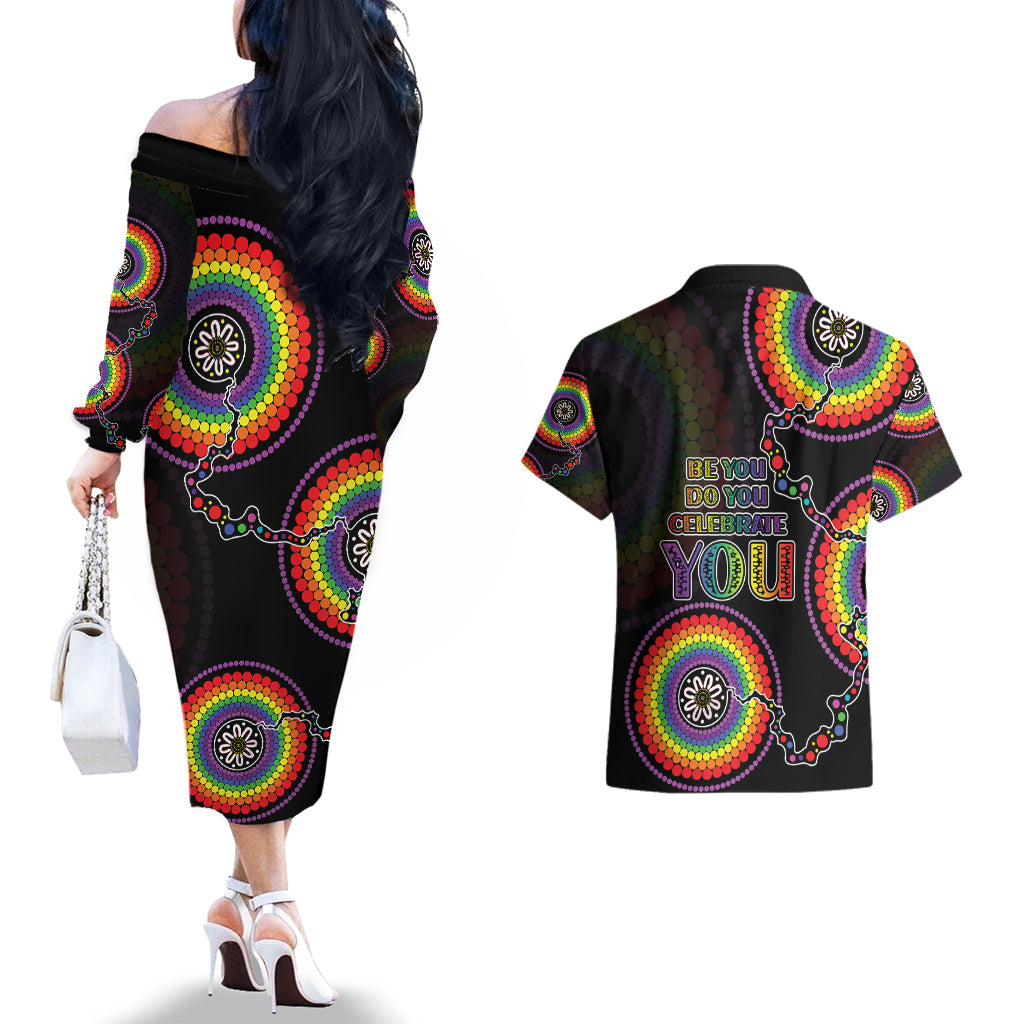australia-lgbt-couples-matching-off-the-shoulder-long-sleeve-dress-and-hawaiian-shirt-be-you-do-you-celebrate-you-aboriginal-style
