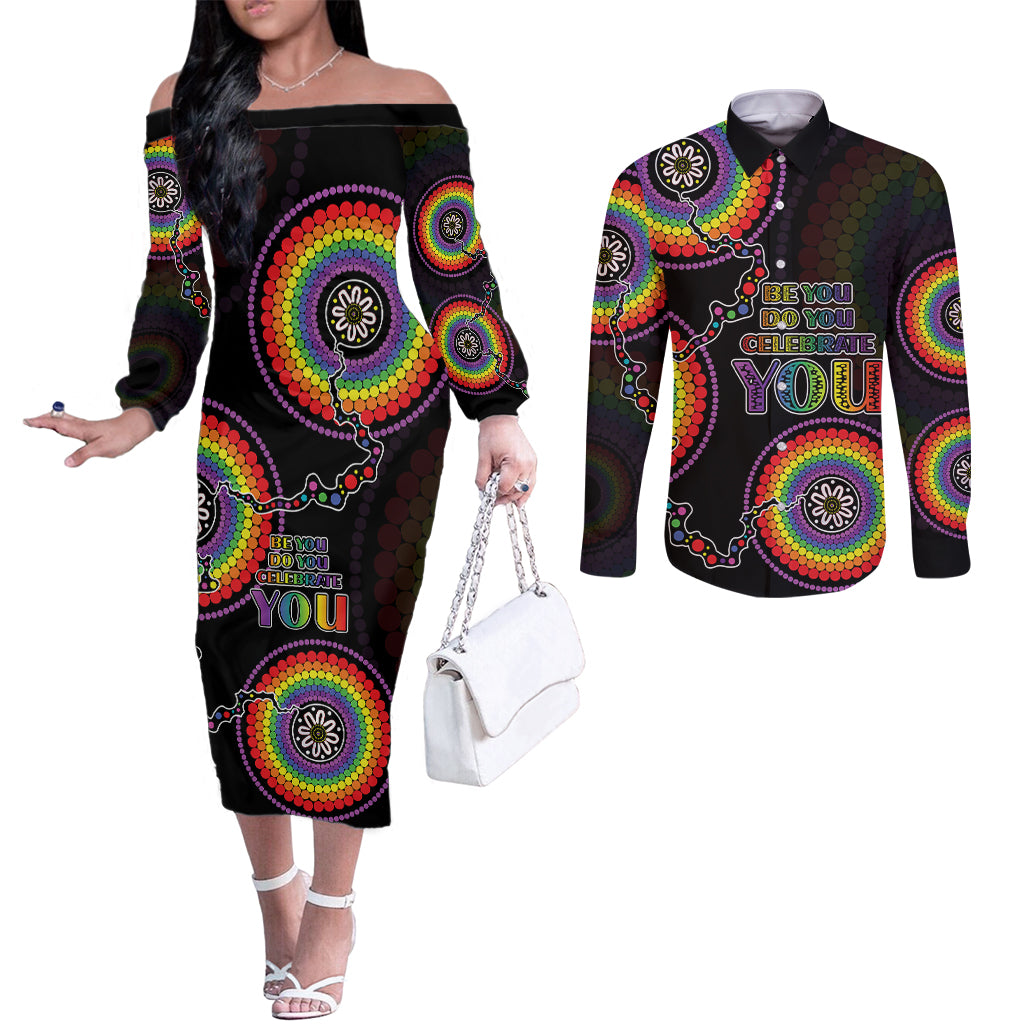 australia-lgbt-couples-matching-off-the-shoulder-long-sleeve-dress-and-long-sleeve-button-shirts-be-you-do-you-celebrate-you-aboriginal-style