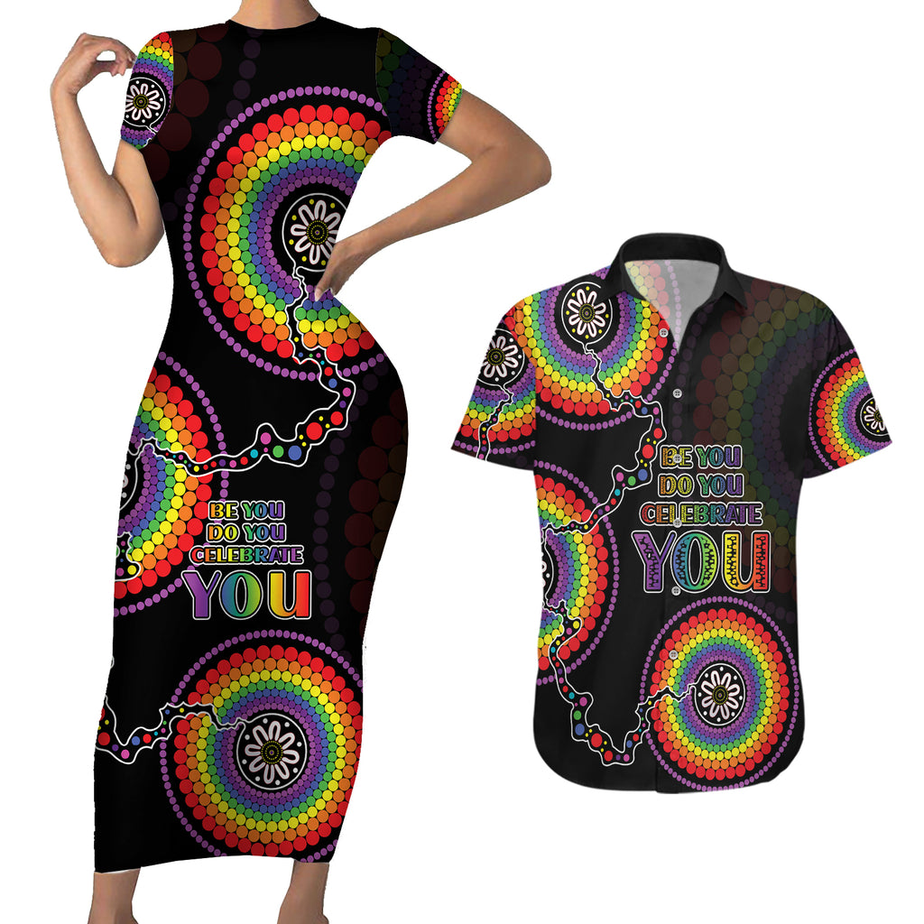 australia-lgbt-couples-matching-short-sleeve-bodycon-dress-and-hawaiian-shirt-be-you-do-you-celebrate-you-aboriginal-style