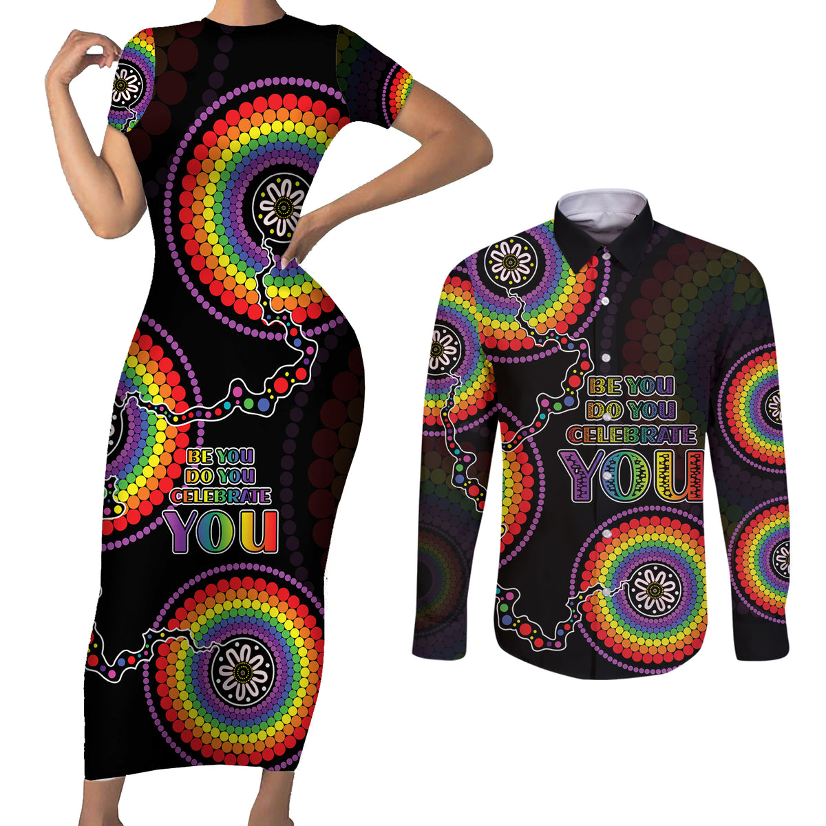 australia-lgbt-couples-matching-short-sleeve-bodycon-dress-and-long-sleeve-button-shirts-be-you-do-you-celebrate-you-aboriginal-style