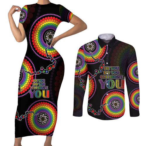 australia-lgbt-couples-matching-short-sleeve-bodycon-dress-and-long-sleeve-button-shirts-be-you-do-you-celebrate-you-aboriginal-style