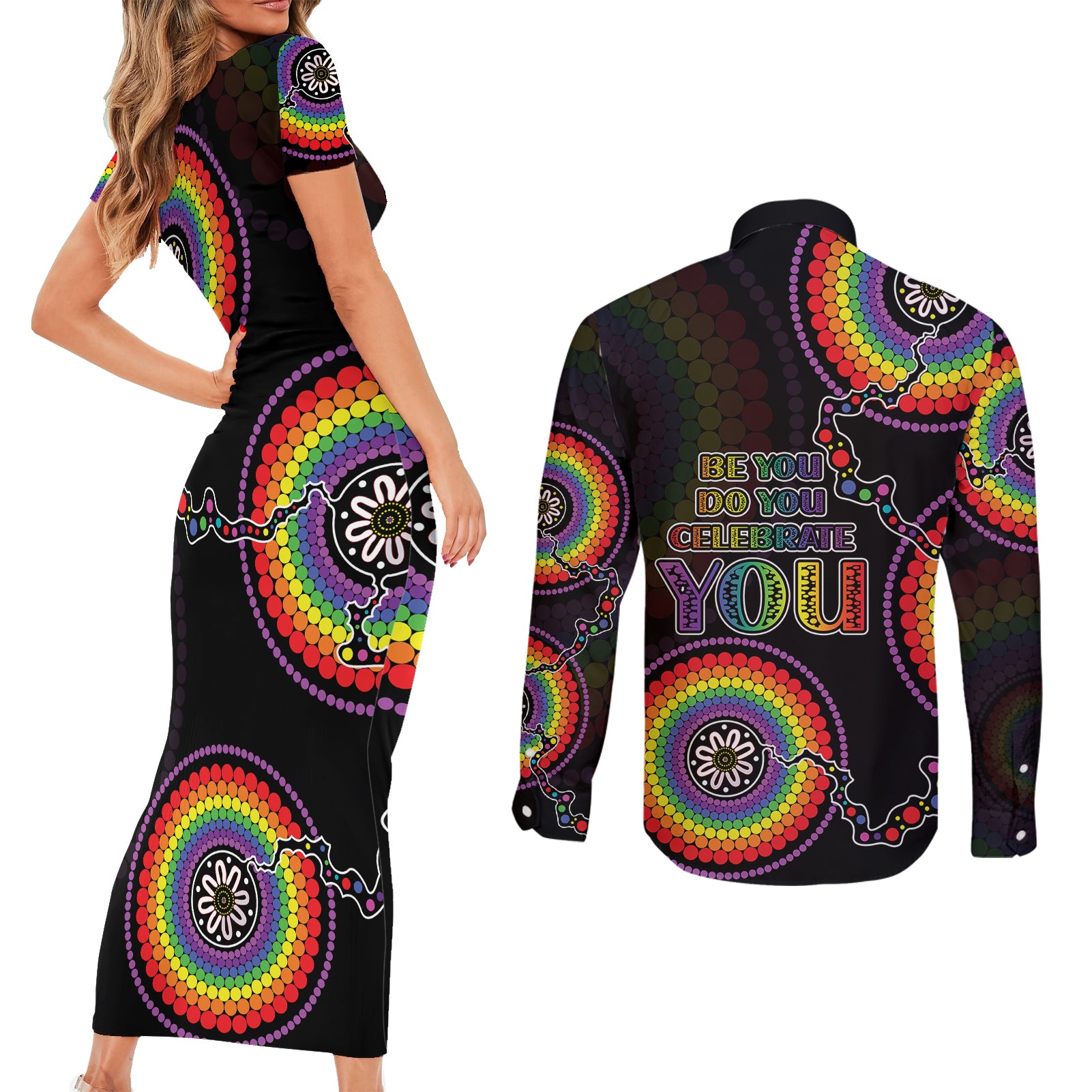 australia-lgbt-couples-matching-short-sleeve-bodycon-dress-and-long-sleeve-button-shirts-be-you-do-you-celebrate-you-aboriginal-style