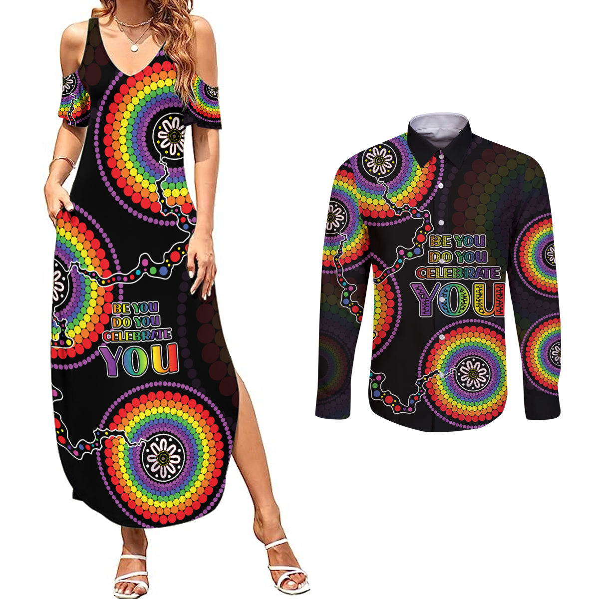 australia-lgbt-couples-matching-summer-maxi-dress-and-long-sleeve-button-shirts-be-you-do-you-celebrate-you-aboriginal-style