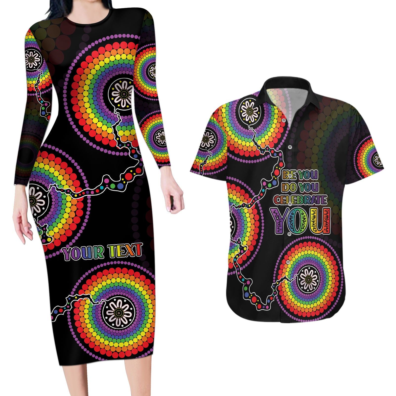 personalised-australia-lgbt-couples-matching-long-sleeve-bodycon-dress-and-hawaiian-shirt-be-you-do-you-celebrate-you-aboriginal-style