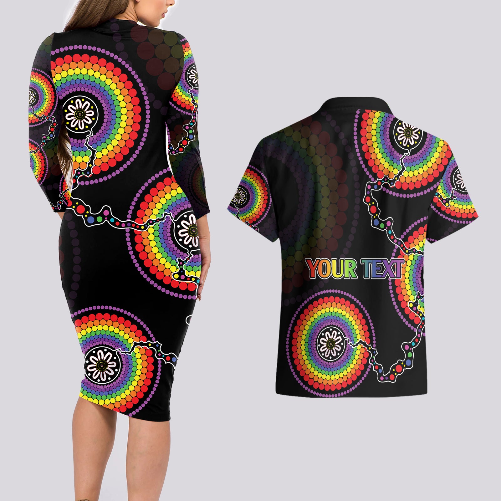 personalised-australia-lgbt-couples-matching-long-sleeve-bodycon-dress-and-hawaiian-shirt-be-you-do-you-celebrate-you-aboriginal-style
