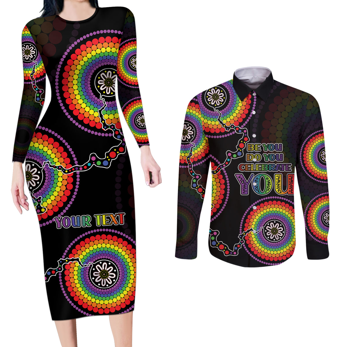personalised-australia-lgbt-couples-matching-long-sleeve-bodycon-dress-and-long-sleeve-button-shirts-be-you-do-you-celebrate-you-aboriginal-style