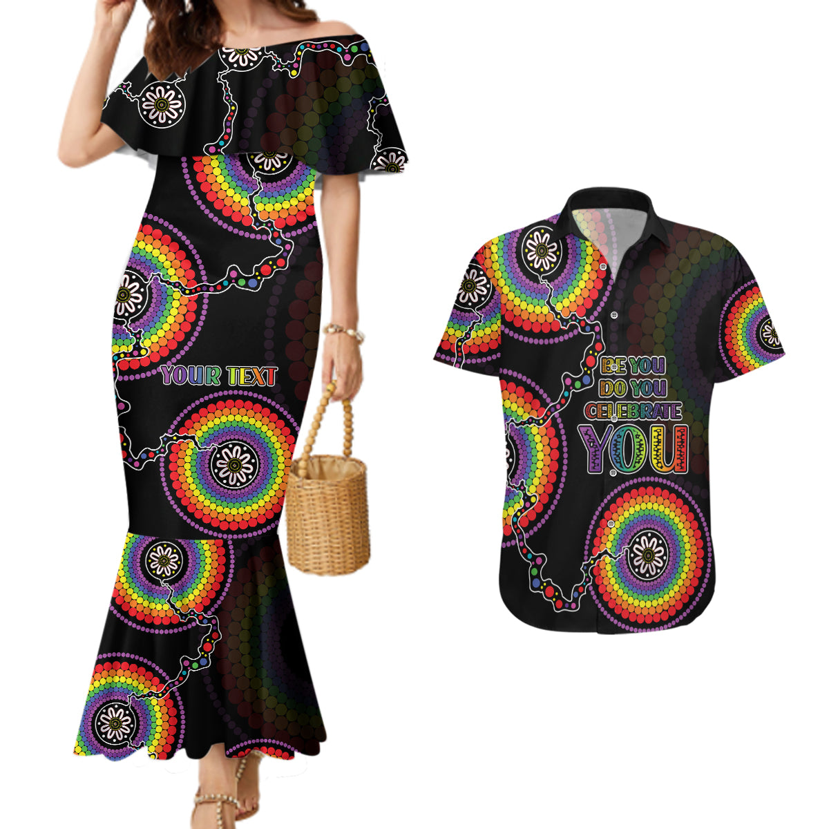 personalised-australia-lgbt-couples-matching-mermaid-dress-and-hawaiian-shirt-be-you-do-you-celebrate-you-aboriginal-style