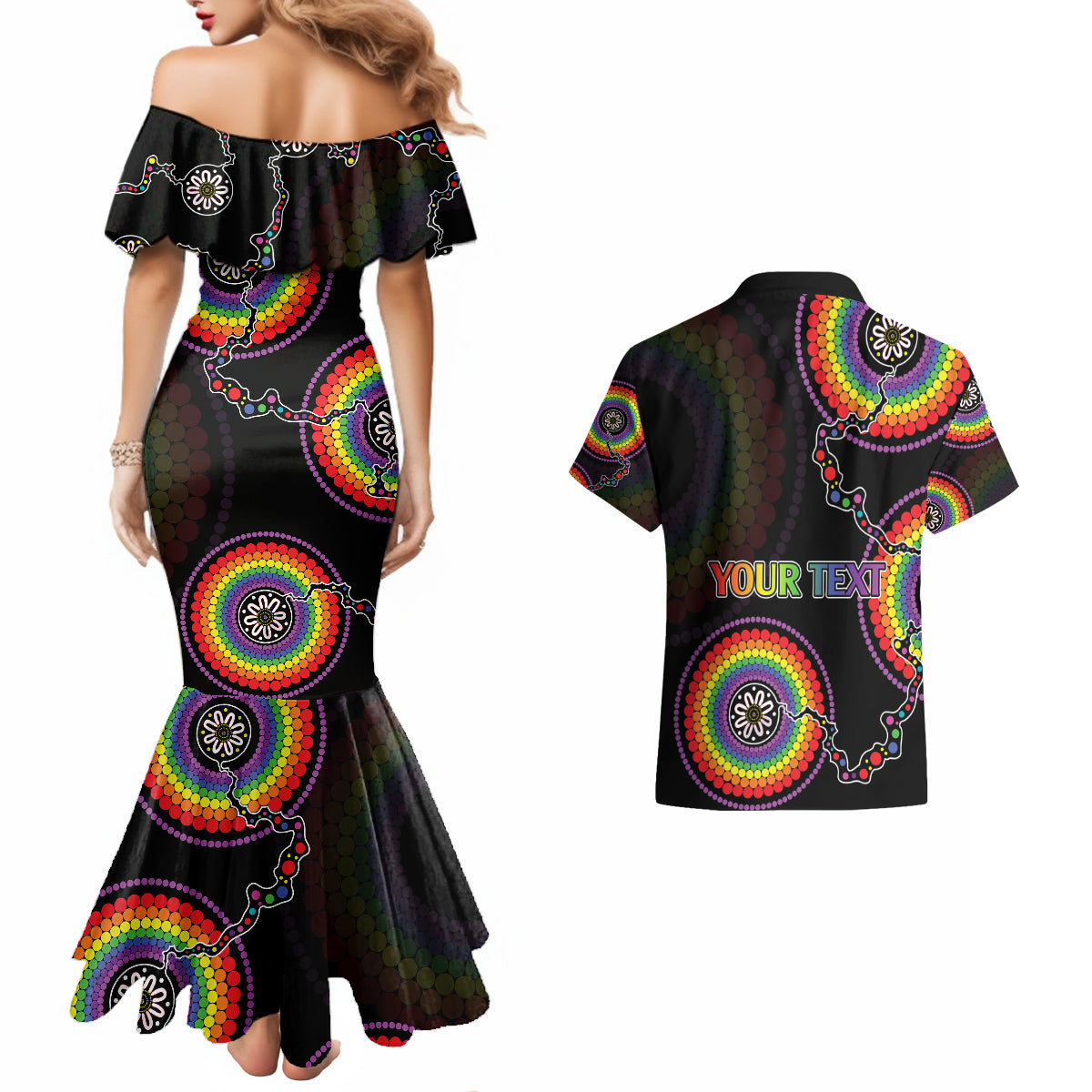 personalised-australia-lgbt-couples-matching-mermaid-dress-and-hawaiian-shirt-be-you-do-you-celebrate-you-aboriginal-style