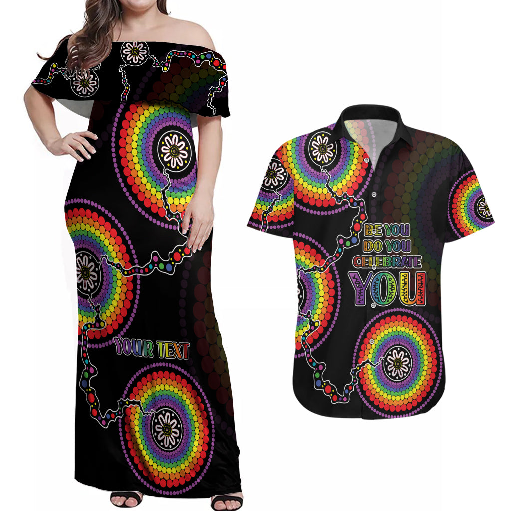 personalised-australia-lgbt-couples-matching-off-shoulder-maxi-dress-and-hawaiian-shirt-be-you-do-you-celebrate-you-aboriginal-style