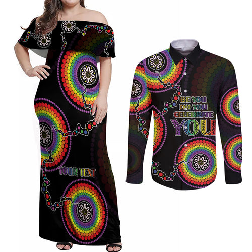 personalised-australia-lgbt-couples-matching-off-shoulder-maxi-dress-and-long-sleeve-button-shirts-be-you-do-you-celebrate-you-aboriginal-style