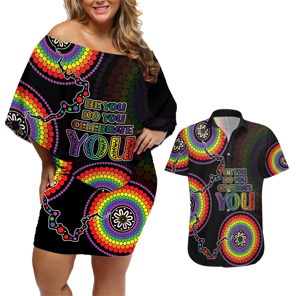 personalised-australia-lgbt-couples-matching-off-shoulder-short-dress-and-hawaiian-shirt-be-you-do-you-celebrate-you-aboriginal-style