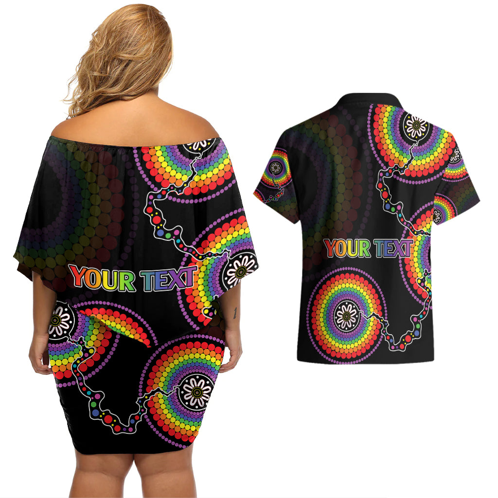 personalised-australia-lgbt-couples-matching-off-shoulder-short-dress-and-hawaiian-shirt-be-you-do-you-celebrate-you-aboriginal-style