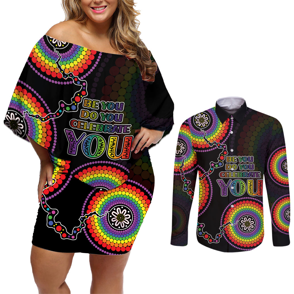 personalised-australia-lgbt-couples-matching-off-shoulder-short-dress-and-long-sleeve-button-shirts-be-you-do-you-celebrate-you-aboriginal-style