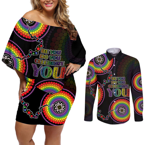 personalised-australia-lgbt-couples-matching-off-shoulder-short-dress-and-long-sleeve-button-shirts-be-you-do-you-celebrate-you-aboriginal-style